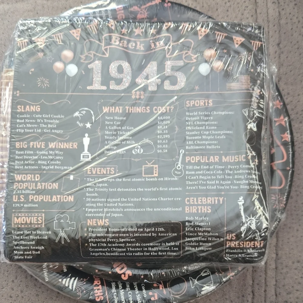 1945 Themed Decorative Disposable Paper Plates, Plastic Forks, Napkins Set New